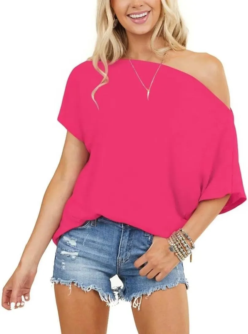 LEEDYA Women Off Shoulder Tops Short Sleeve T-Shirts Loose Blouses Oversized Tunic Tops