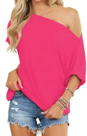 LEEDYA Women Off Shoulder Tops Short Sleeve T-Shirts Loose Blouses Oversized Tunic Tops