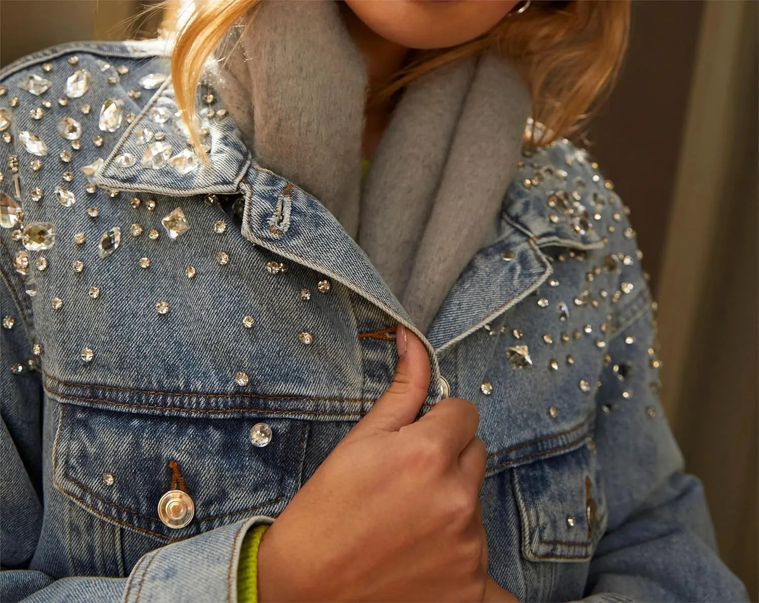 LifeShe Women's Rhinestone Denim Jacket Casual Long Sleeve Jeans Trucker Jacket Coat