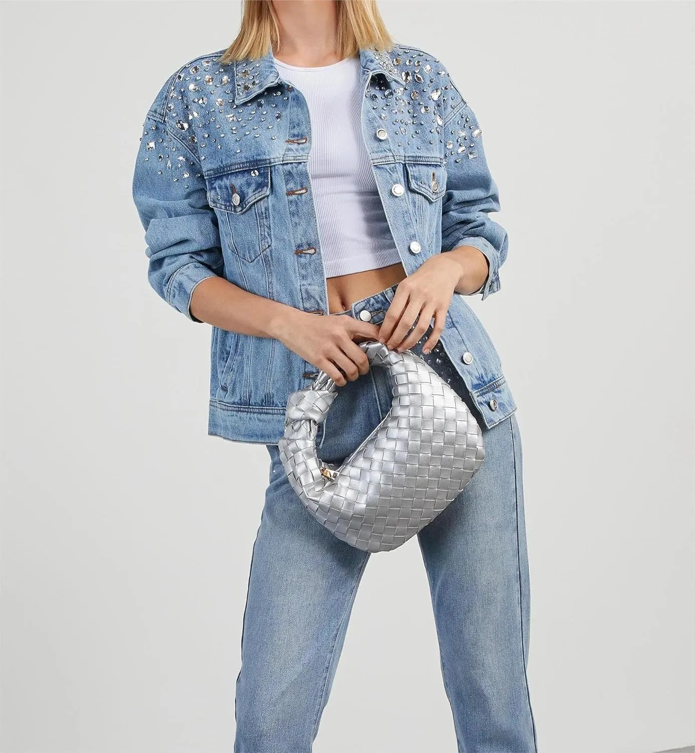 LifeShe Women's Rhinestone Denim Jacket Casual Long Sleeve Jeans Trucker Jacket Coat