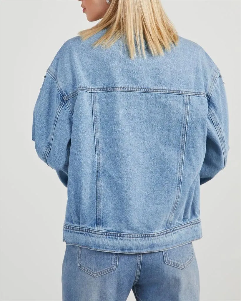 LifeShe Women's Rhinestone Denim Jacket Casual Long Sleeve Jeans Trucker Jacket Coat