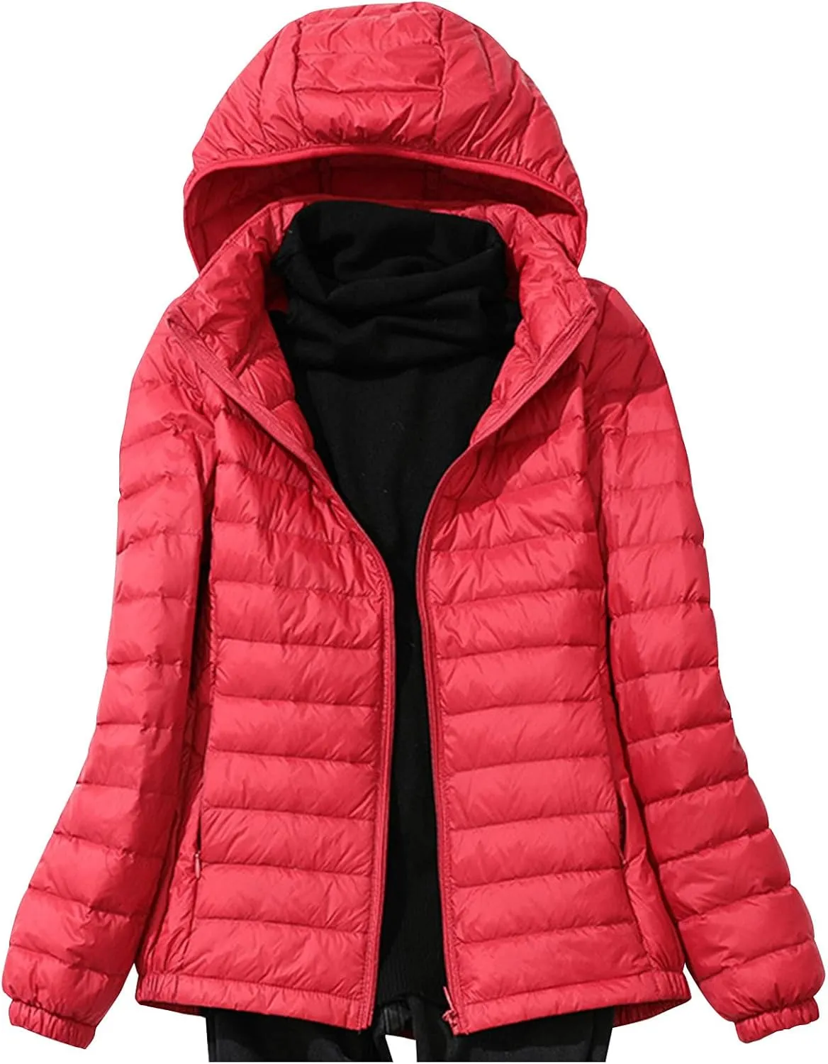Lightweight Jackets For Women With Hood Long Sleeve Trendy Zip Solid Color Down Coat Winter Warm Casual Puffer Jacket
