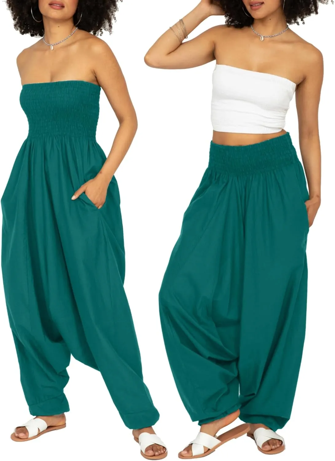 likemary Harem Pants Women Jumpsuits  Maxi Romper Pulls Down into Cotton Boho Pants with Pockets  One Size 2-in-1 Outfit