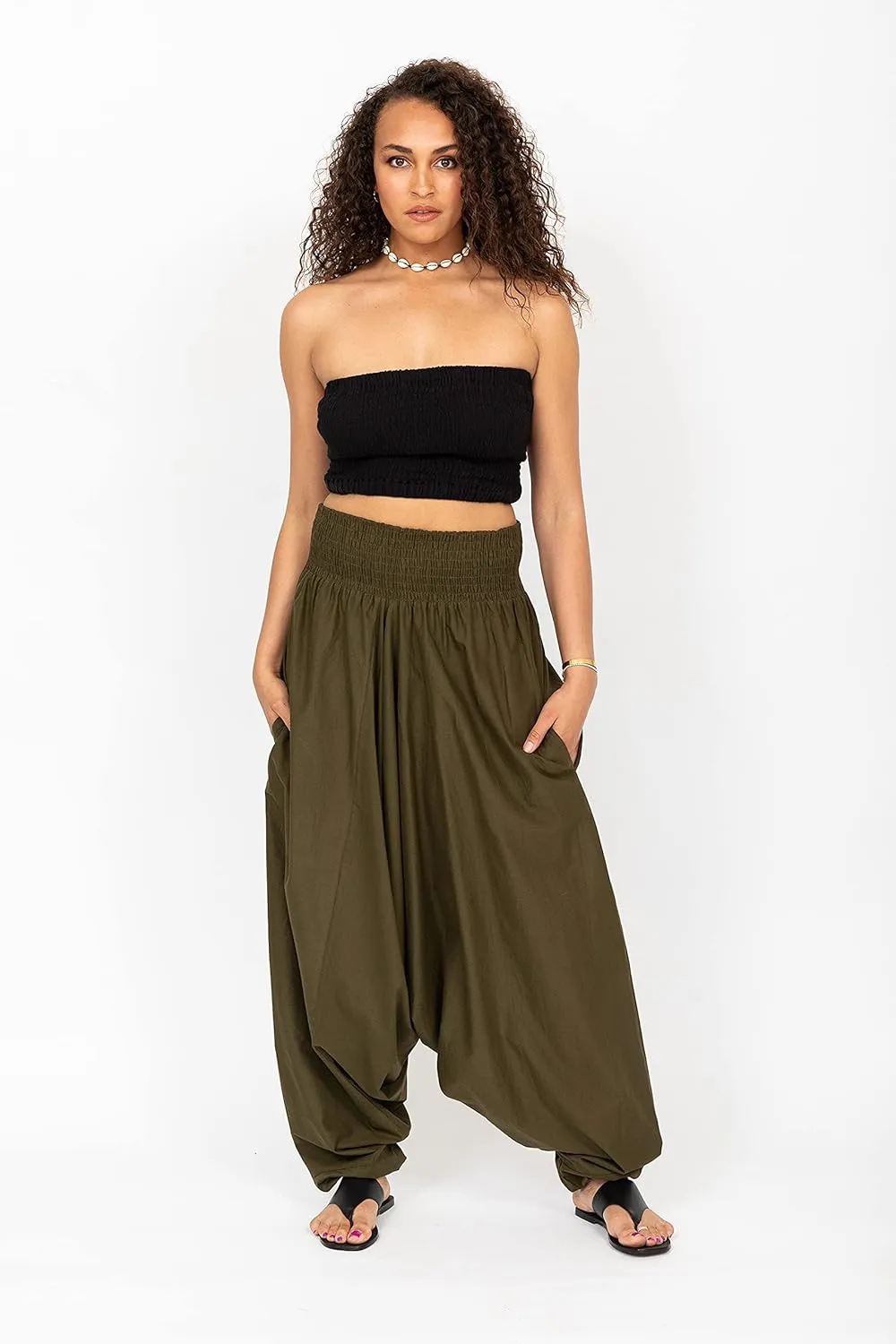 likemary Harem Pants Women Jumpsuits  Maxi Romper Pulls Down into Cotton Boho Pants with Pockets  One Size 2-in-1 Outfit