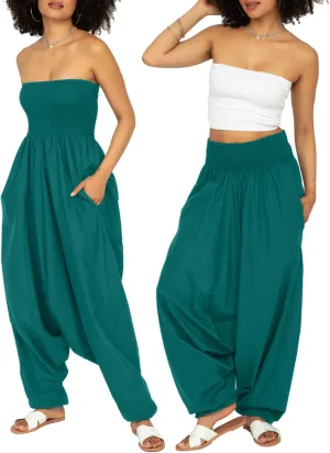 likemary Harem Pants Women Jumpsuits  Maxi Romper Pulls Down into Cotton Boho Pants with Pockets  One Size 2-in-1 Outfit