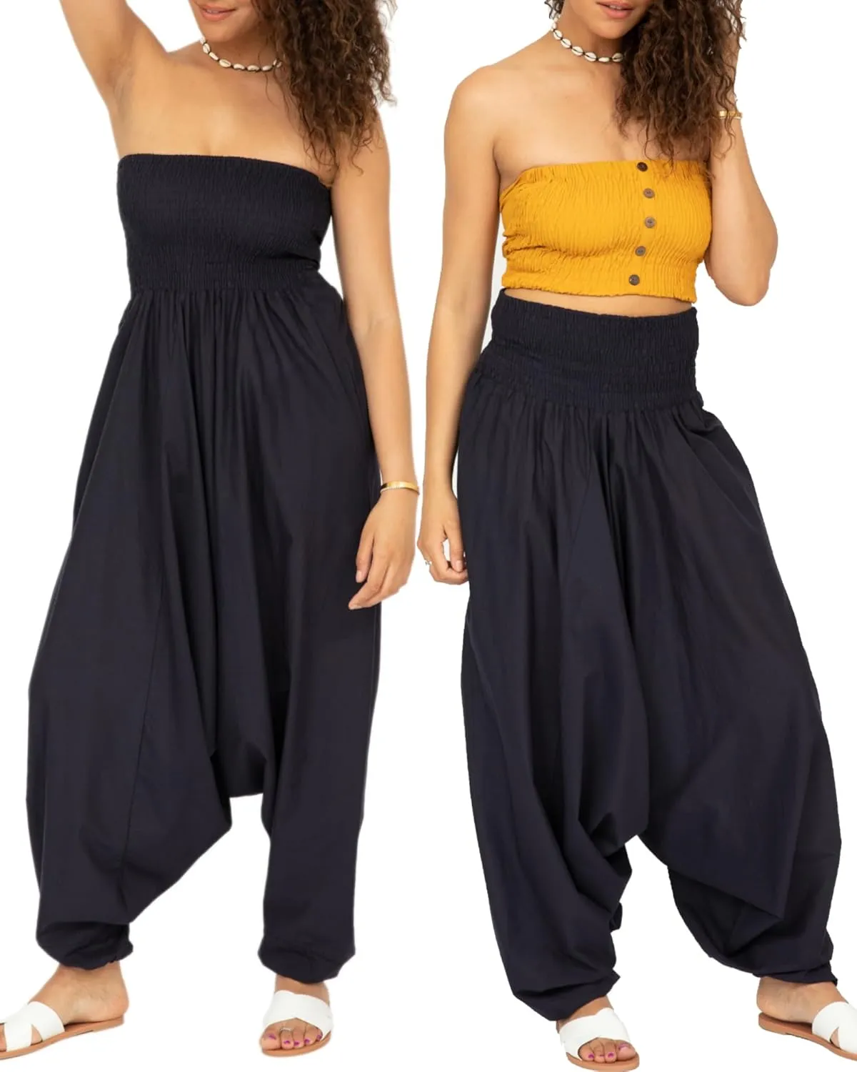likemary Harem Pants Women Jumpsuits  Maxi Romper Pulls Down into Cotton Boho Pants with Pockets  One Size 2-in-1 Outfit