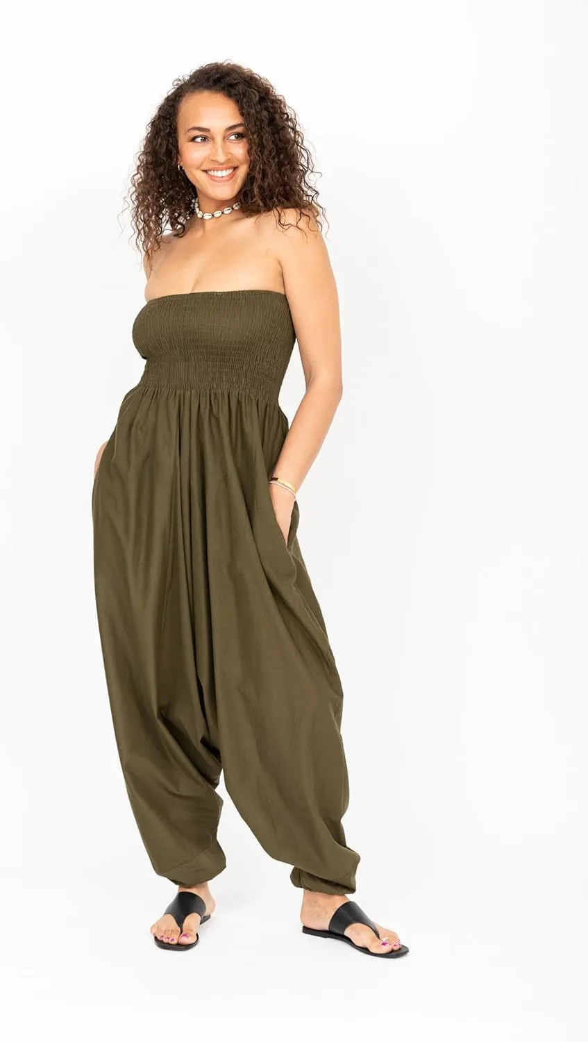 likemary Harem Pants Women Jumpsuits  Maxi Romper Pulls Down into Cotton Boho Pants with Pockets  One Size 2-in-1 Outfit