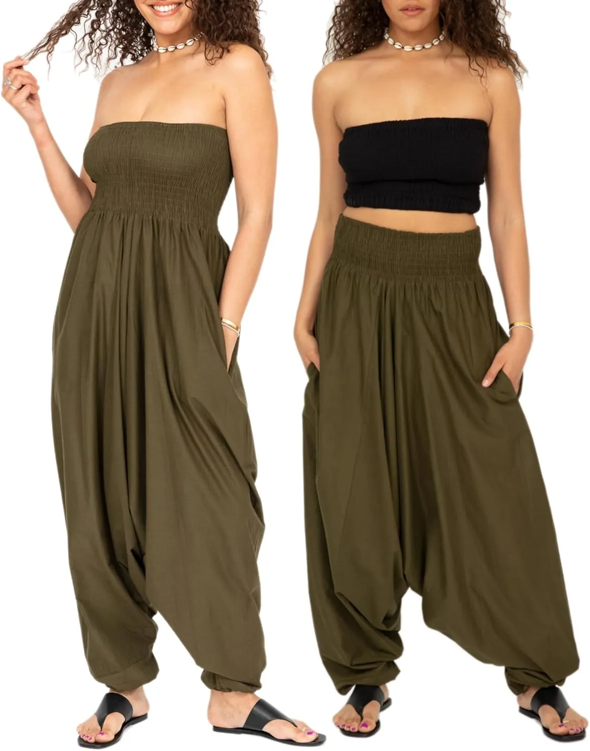 likemary Harem Pants Women Jumpsuits  Maxi Romper Pulls Down into Cotton Boho Pants with Pockets  One Size 2-in-1 Outfit
