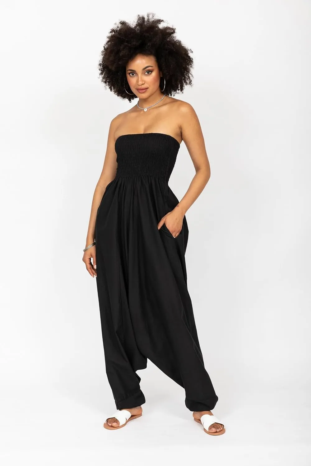 likemary Harem Pants Women Jumpsuits  Maxi Romper Pulls Down into Cotton Boho Pants with Pockets  One Size 2-in-1 Outfit