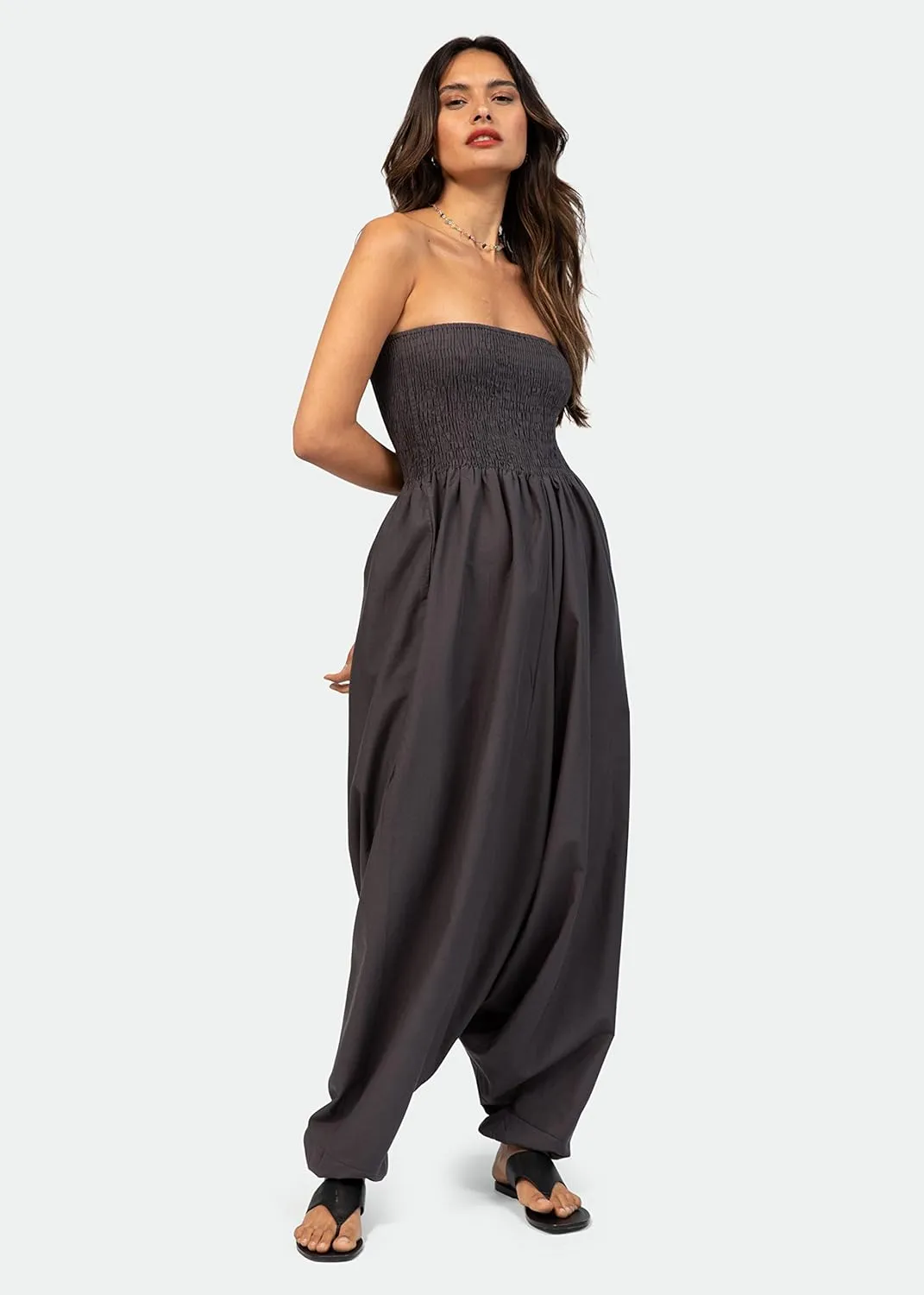 likemary Harem Pants Women Jumpsuits  Maxi Romper Pulls Down into Cotton Boho Pants with Pockets  One Size 2-in-1 Outfit