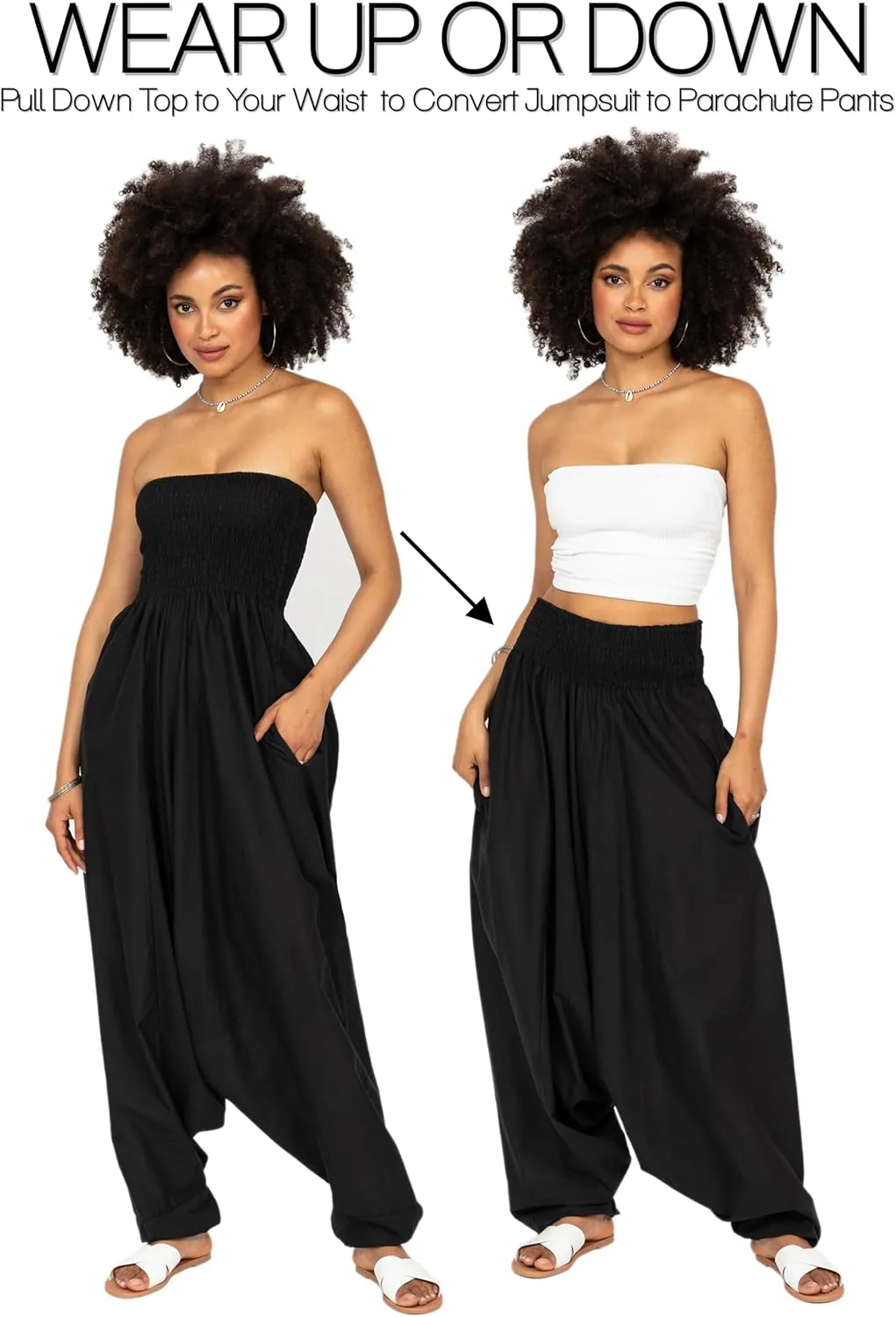 likemary Harem Pants Women Jumpsuits  Maxi Romper Pulls Down into Cotton Boho Pants with Pockets  One Size 2-in-1 Outfit