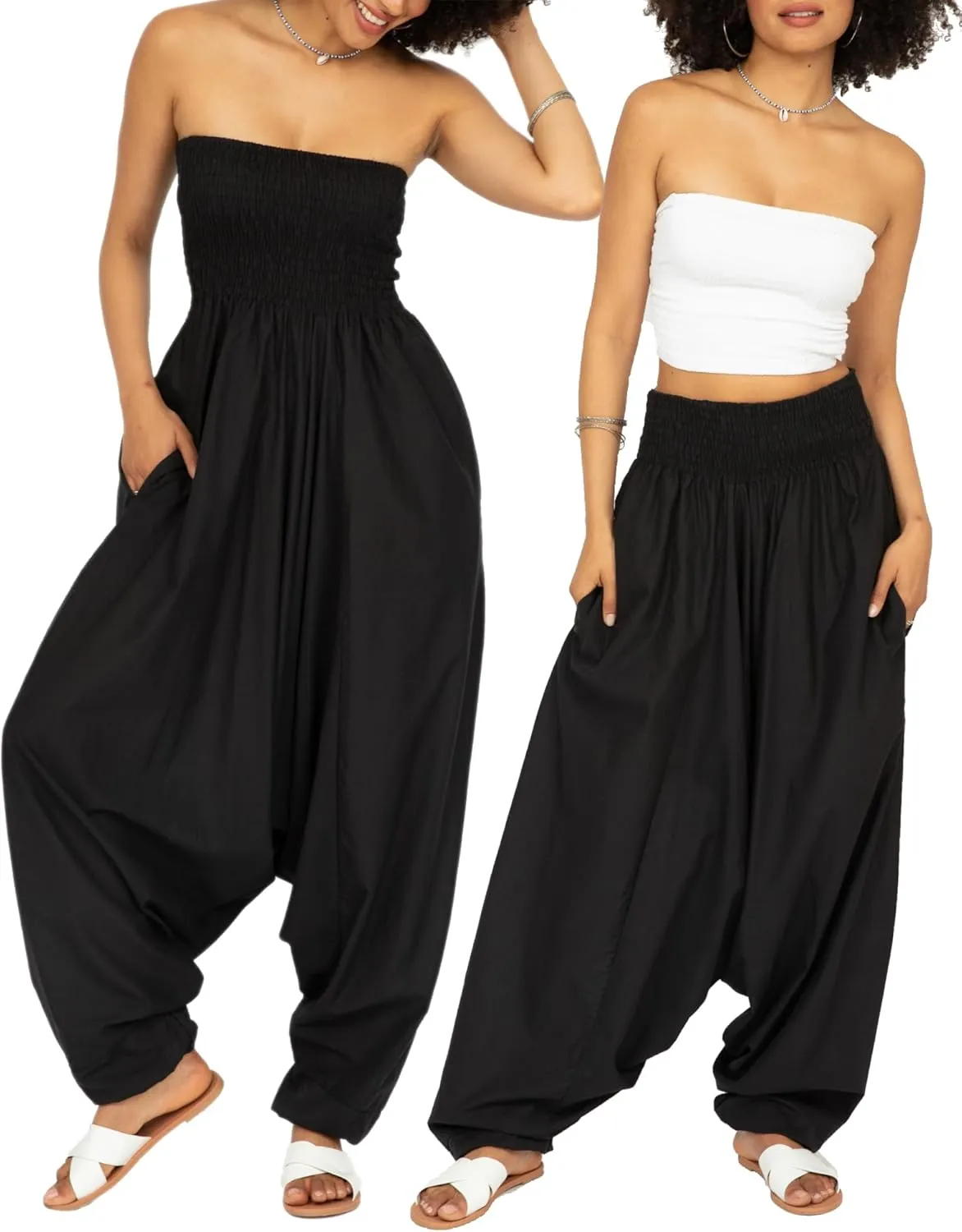 likemary Harem Pants Women Jumpsuits  Maxi Romper Pulls Down into Cotton Boho Pants with Pockets  One Size 2-in-1 Outfit