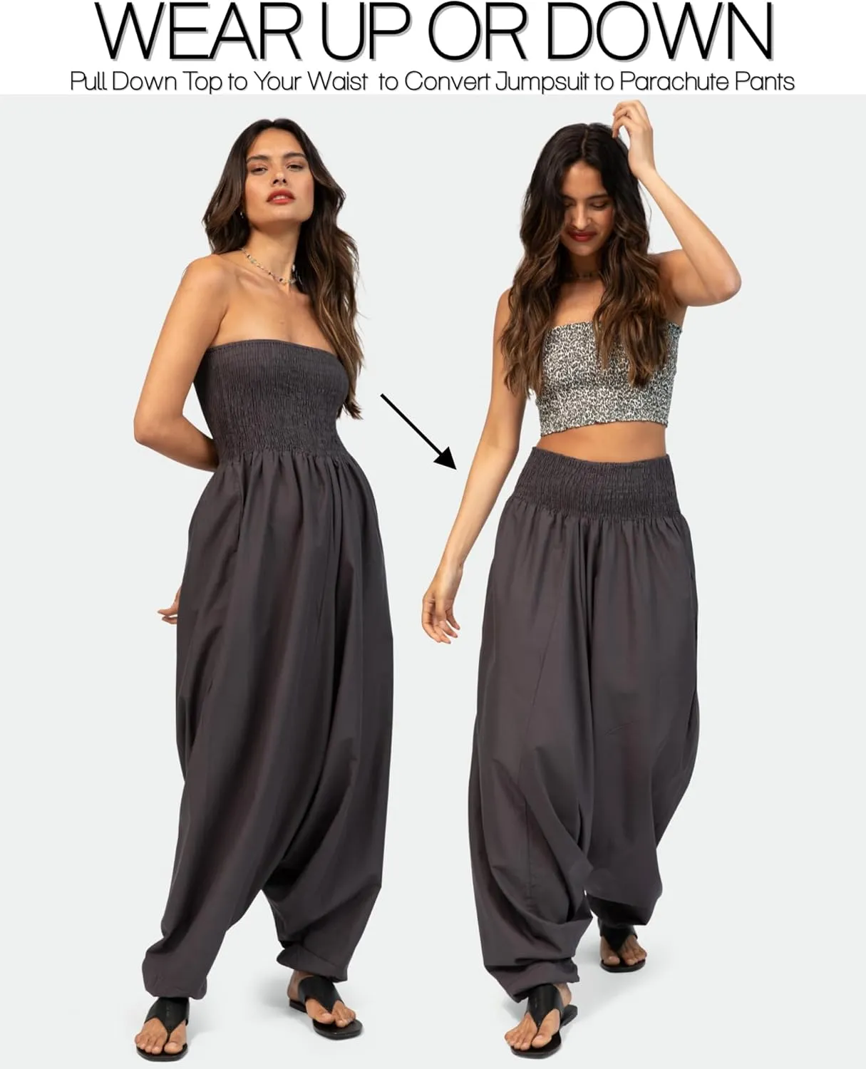 likemary Harem Pants Women Jumpsuits  Maxi Romper Pulls Down into Cotton Boho Pants with Pockets  One Size 2-in-1 Outfit