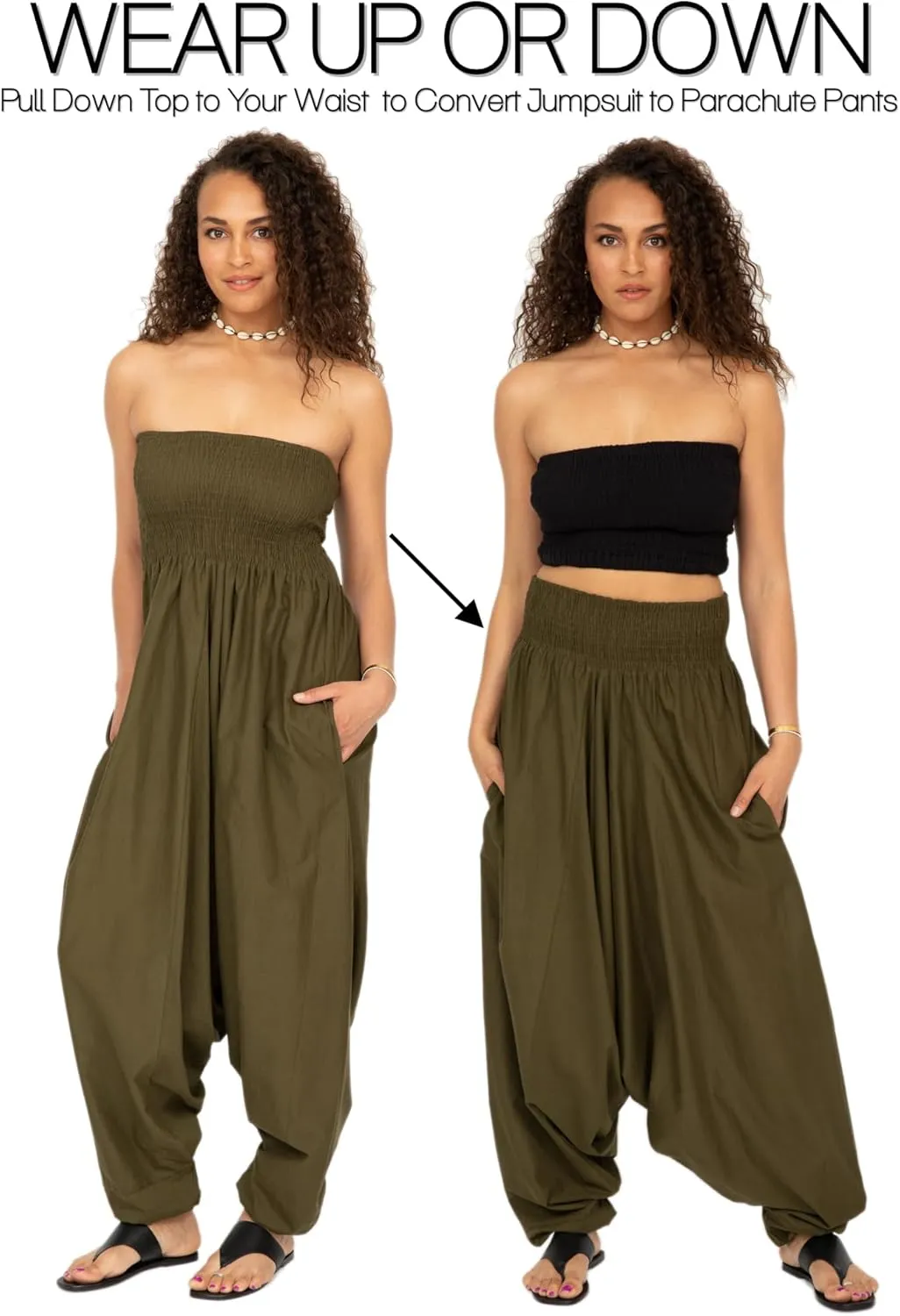 likemary Harem Pants Women Jumpsuits  Maxi Romper Pulls Down into Cotton Boho Pants with Pockets  One Size 2-in-1 Outfit