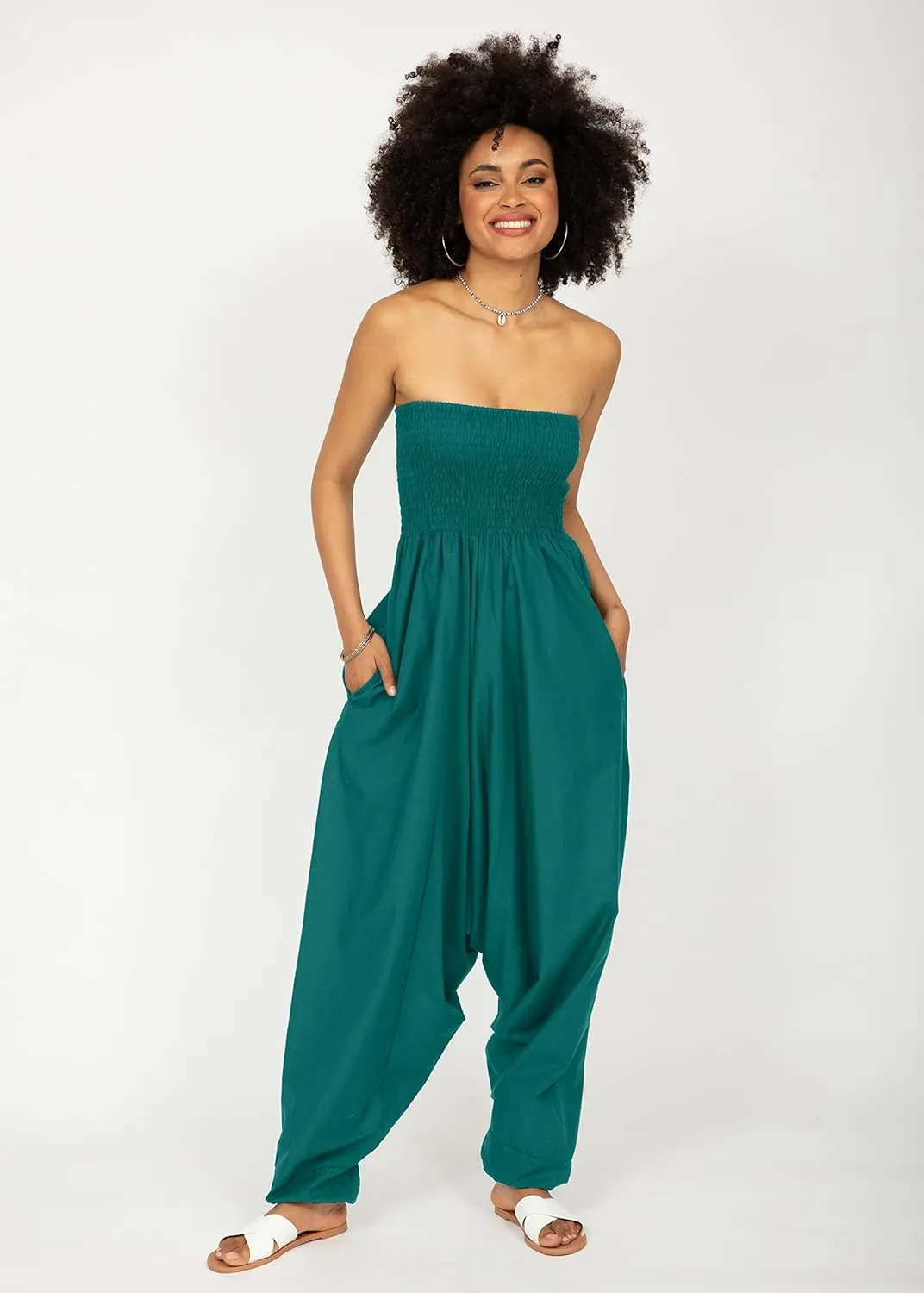 likemary Harem Pants Women Jumpsuits  Maxi Romper Pulls Down into Cotton Boho Pants with Pockets  One Size 2-in-1 Outfit