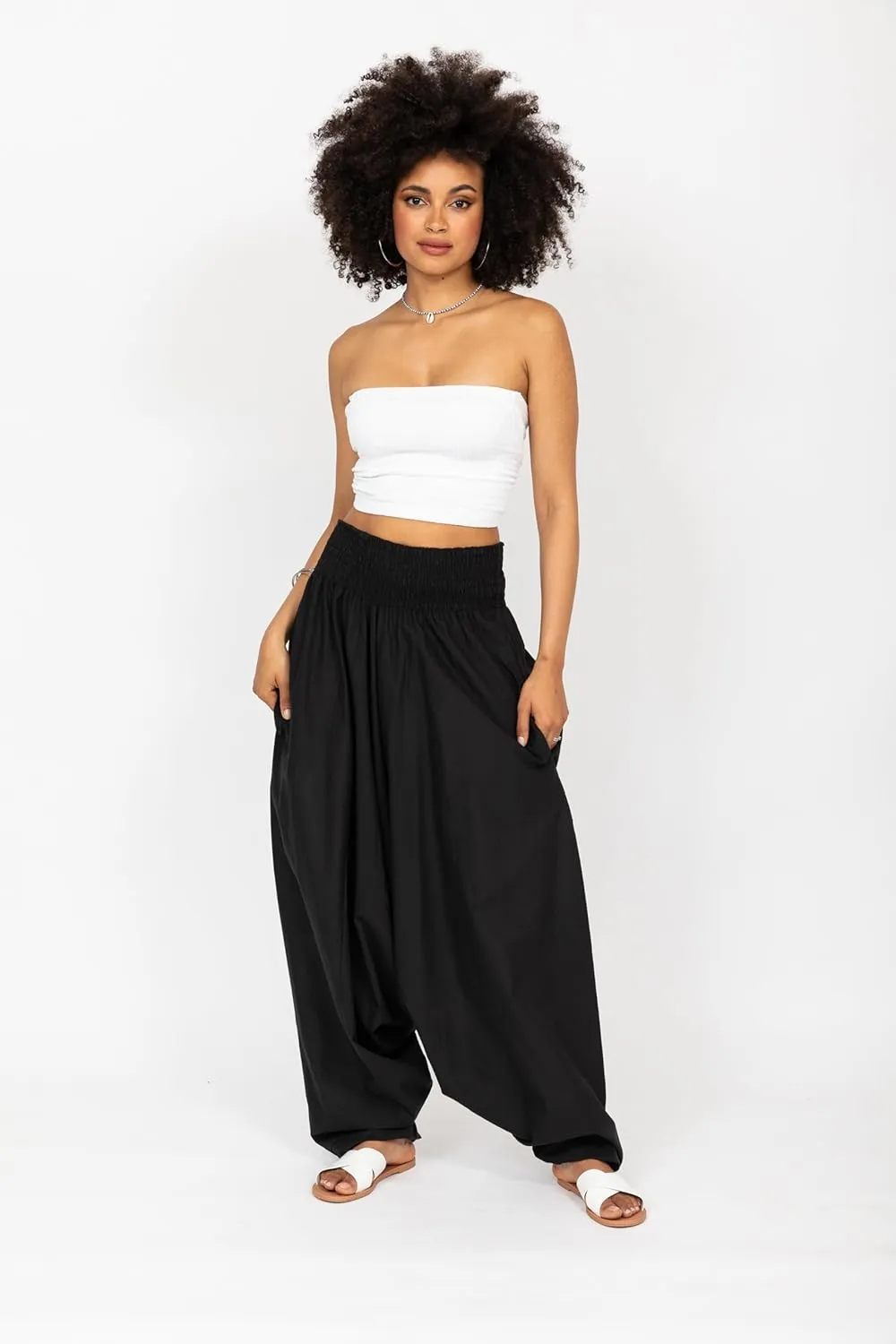 likemary Harem Pants Women Jumpsuits  Maxi Romper Pulls Down into Cotton Boho Pants with Pockets  One Size 2-in-1 Outfit