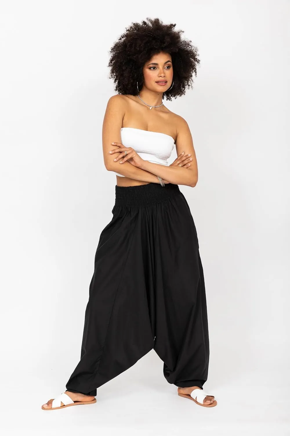 likemary Harem Pants Women Jumpsuits  Maxi Romper Pulls Down into Cotton Boho Pants with Pockets  One Size 2-in-1 Outfit