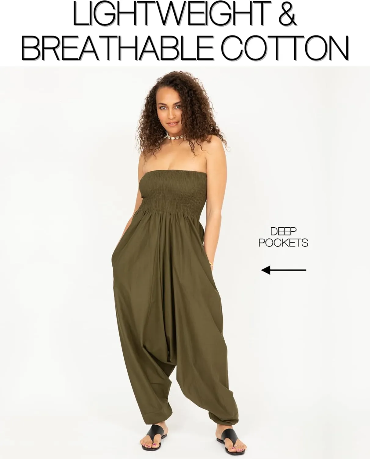 likemary Harem Pants Women Jumpsuits  Maxi Romper Pulls Down into Cotton Boho Pants with Pockets  One Size 2-in-1 Outfit