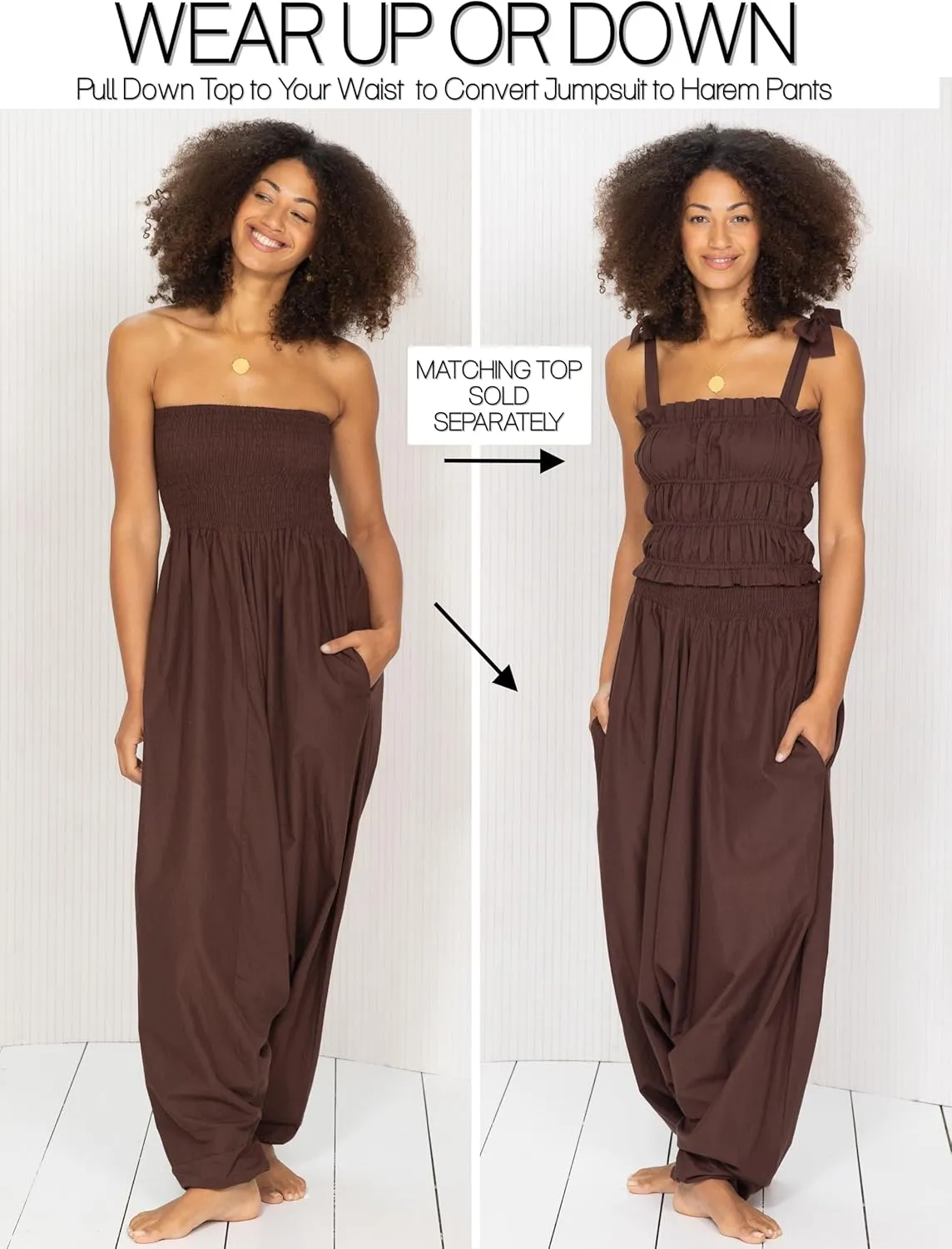 likemary Harem Pants Women Jumpsuits  Maxi Romper Pulls Down into Cotton Boho Pants with Pockets  One Size 2-in-1 Outfit