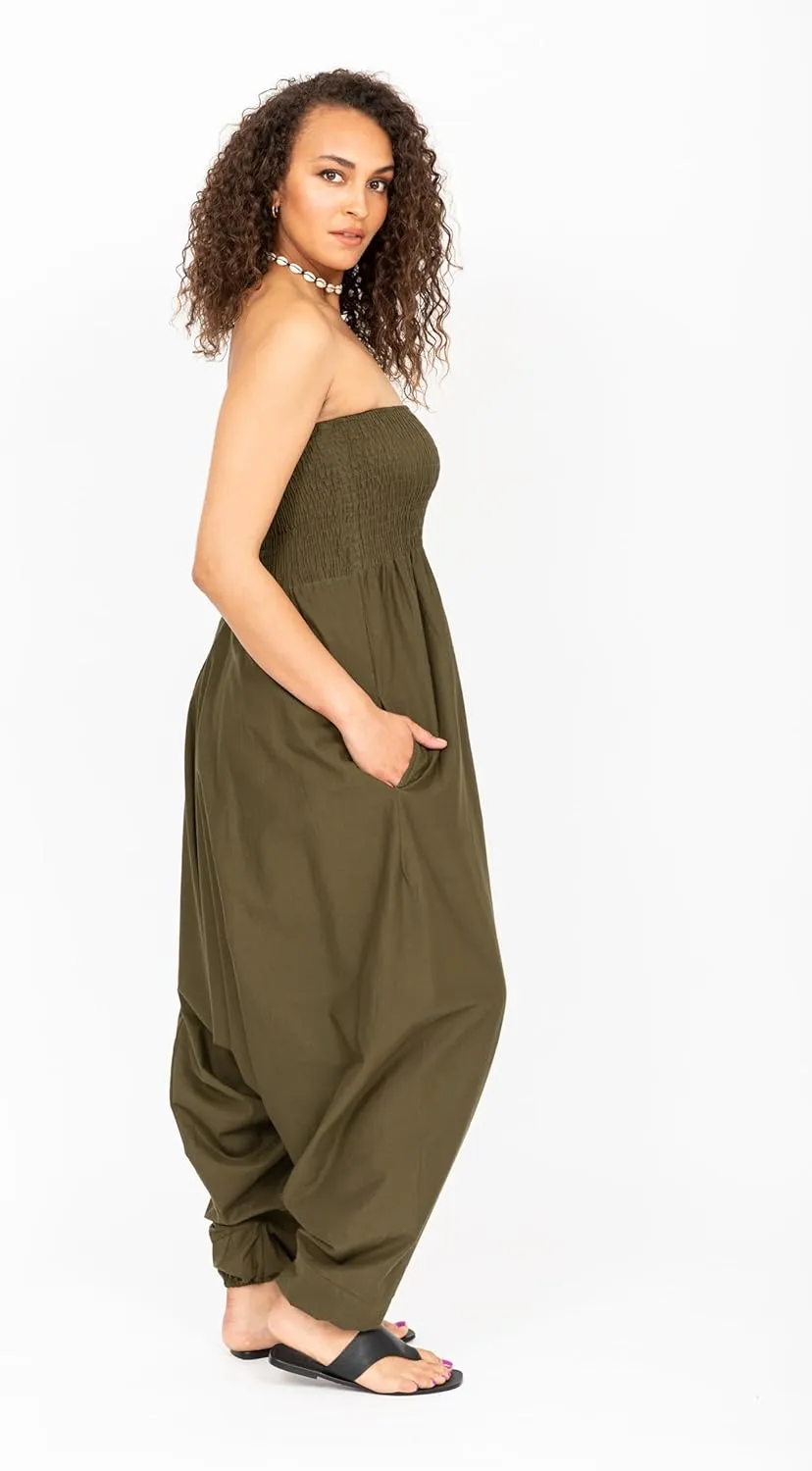 likemary Harem Pants Women Jumpsuits  Maxi Romper Pulls Down into Cotton Boho Pants with Pockets  One Size 2-in-1 Outfit