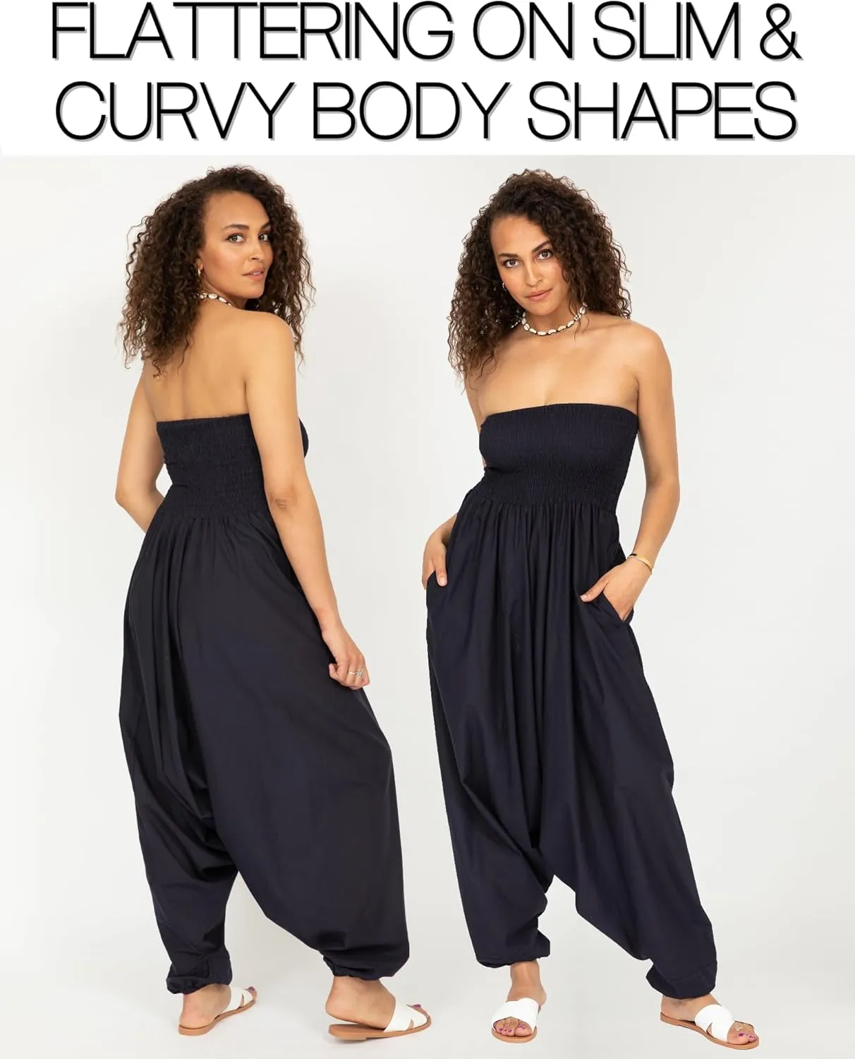 likemary Harem Pants Women Jumpsuits  Maxi Romper Pulls Down into Cotton Boho Pants with Pockets  One Size 2-in-1 Outfit
