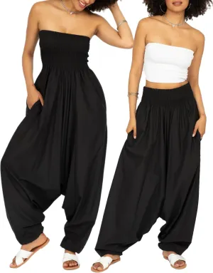 likemary Harem Pants Women Jumpsuits  Maxi Romper Pulls Down into Cotton Boho Pants with Pockets  One Size 2-in-1 Outfit