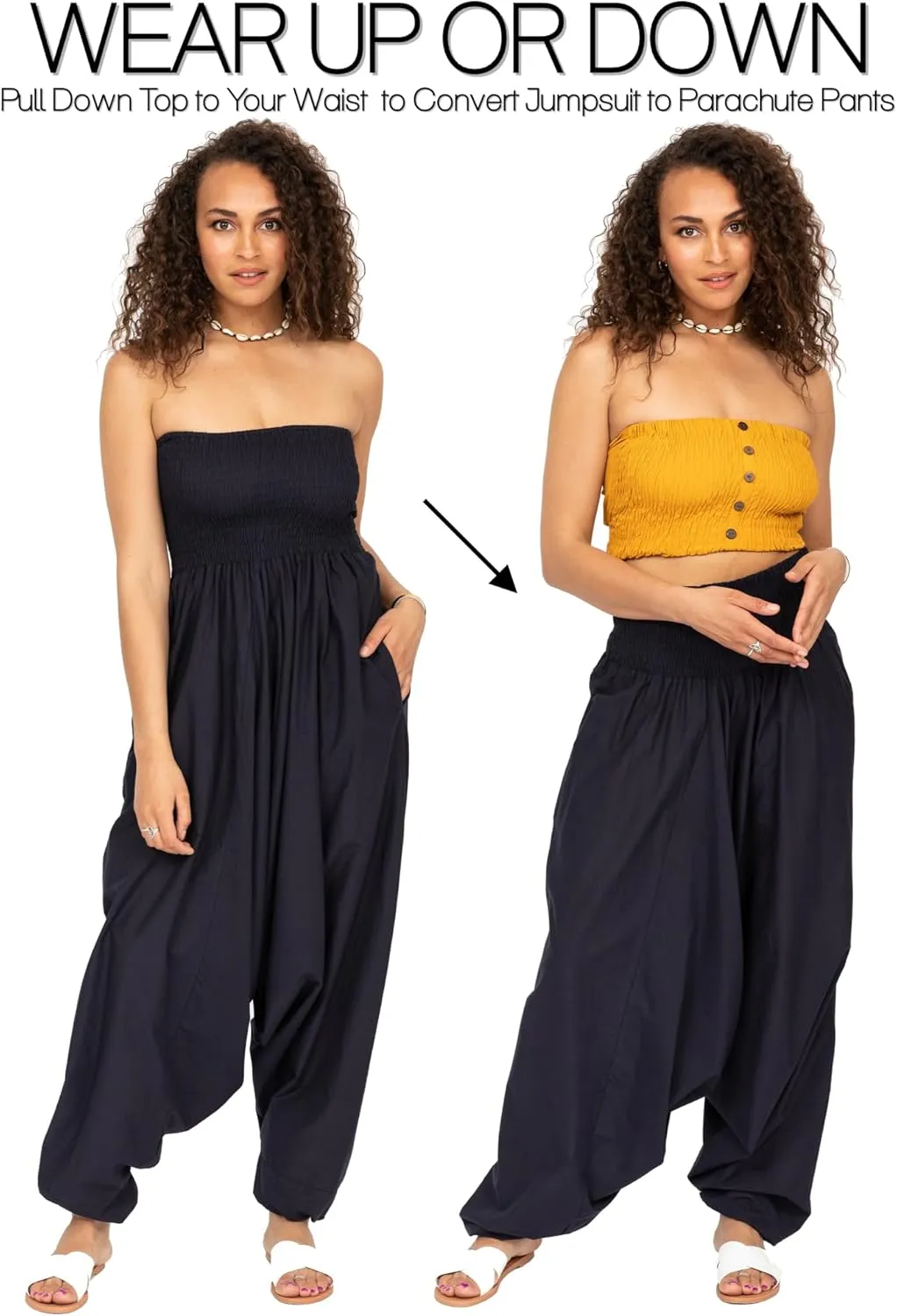 likemary Harem Pants Women Jumpsuits  Maxi Romper Pulls Down into Cotton Boho Pants with Pockets  One Size 2-in-1 Outfit