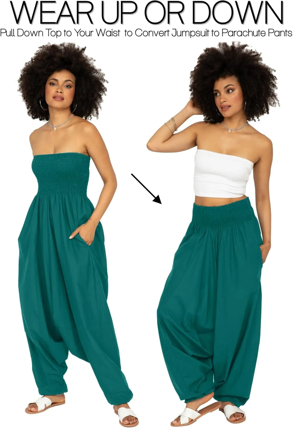 likemary Harem Pants Women Jumpsuits  Maxi Romper Pulls Down into Cotton Boho Pants with Pockets  One Size 2-in-1 Outfit
