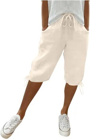 Linen Pants Women Summer Pants Ladies Loose Drawstring Casual Solid Color Shorts Wide Leg Casual Cotton Linen Pants