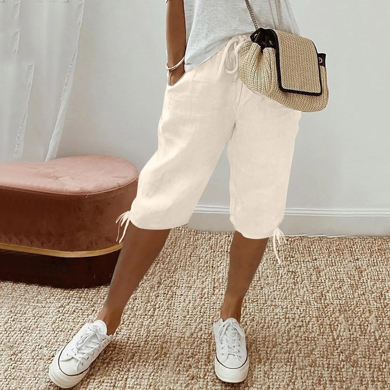 Linen Pants Women Summer Pants Ladies Loose Drawstring Casual Solid Color Shorts Wide Leg Casual Cotton Linen Pants
