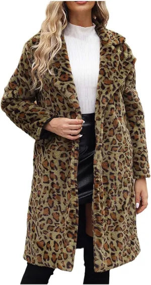 Lmdudan Womens 2024 Winter Faux Fur Coat Leopard Print Fleece Long Jacket Retro Lapel Warm Overcoat Plus Size Trench Coats
