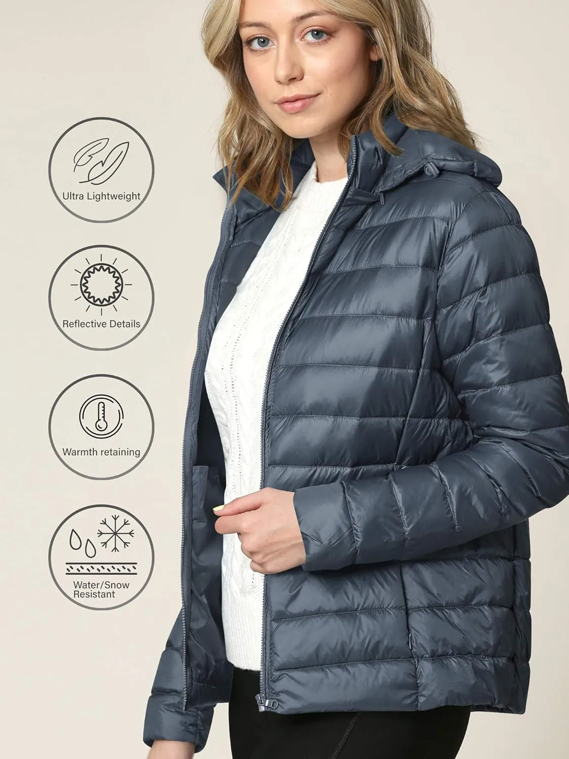 Lock and Love Women's Ultra Light Weight Packable Down Jacket with Removable Hoodie