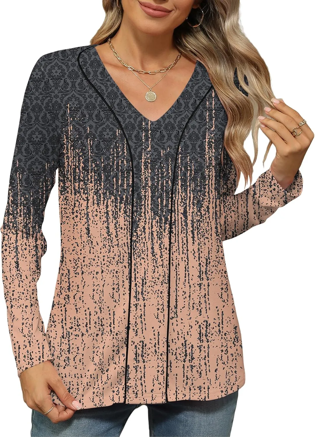 LOMON Women's Long Sleeves V Neck Blouses Dressy Casual Fashion T Shirts Textured Contrast Trimmed Tunic Tops