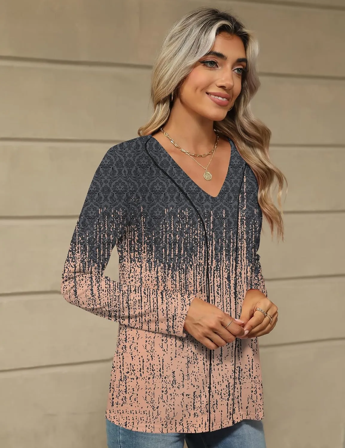 LOMON Women's Long Sleeves V Neck Blouses Dressy Casual Fashion T Shirts Textured Contrast Trimmed Tunic Tops