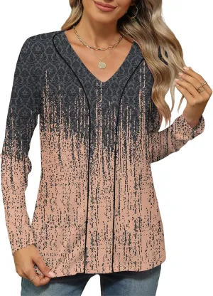 LOMON Women's Long Sleeves V Neck Blouses Dressy Casual Fashion T Shirts Textured Contrast Trimmed Tunic Tops