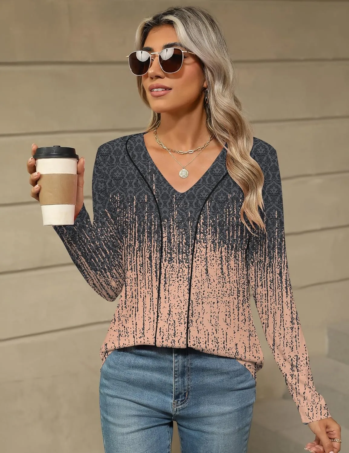 LOMON Women's Long Sleeves V Neck Blouses Dressy Casual Fashion T Shirts Textured Contrast Trimmed Tunic Tops