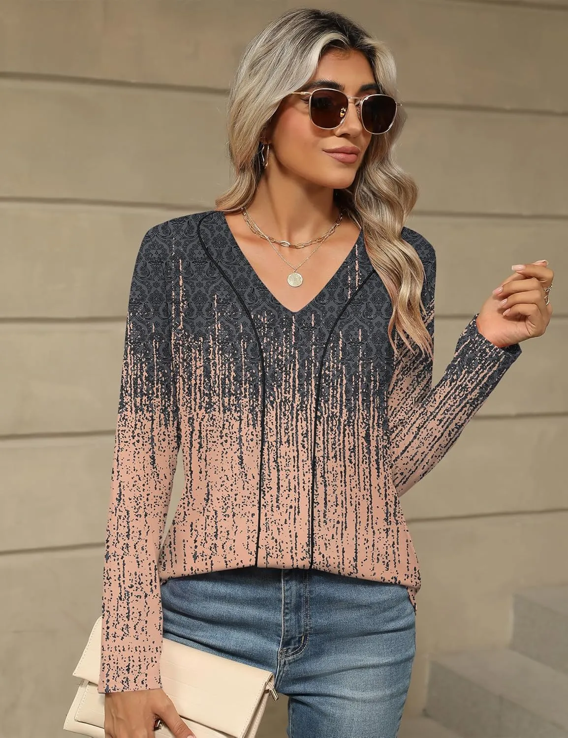LOMON Women's Long Sleeves V Neck Blouses Dressy Casual Fashion T Shirts Textured Contrast Trimmed Tunic Tops