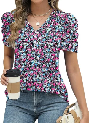 LOMON Womens Puff Short Sleeve Shirt Summer Tops V Neck Casual T Shirts Loose Fit Blouses