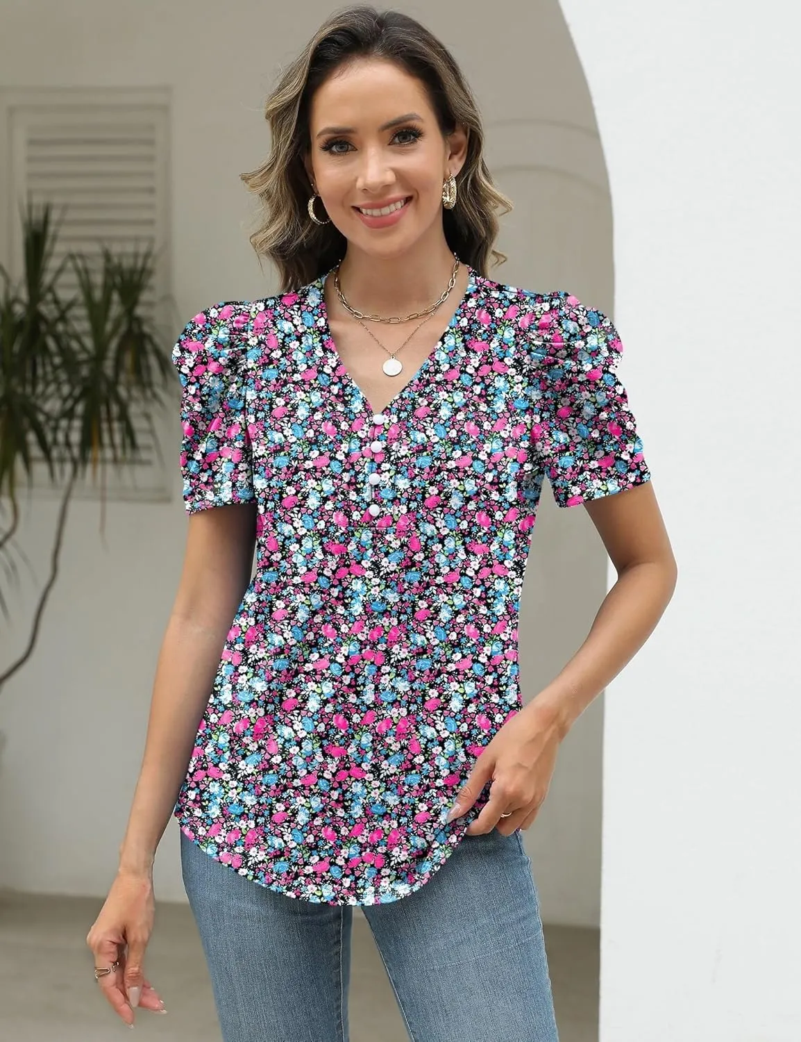 LOMON Womens Puff Short Sleeve Shirt Summer Tops V Neck Casual T Shirts Loose Fit Blouses