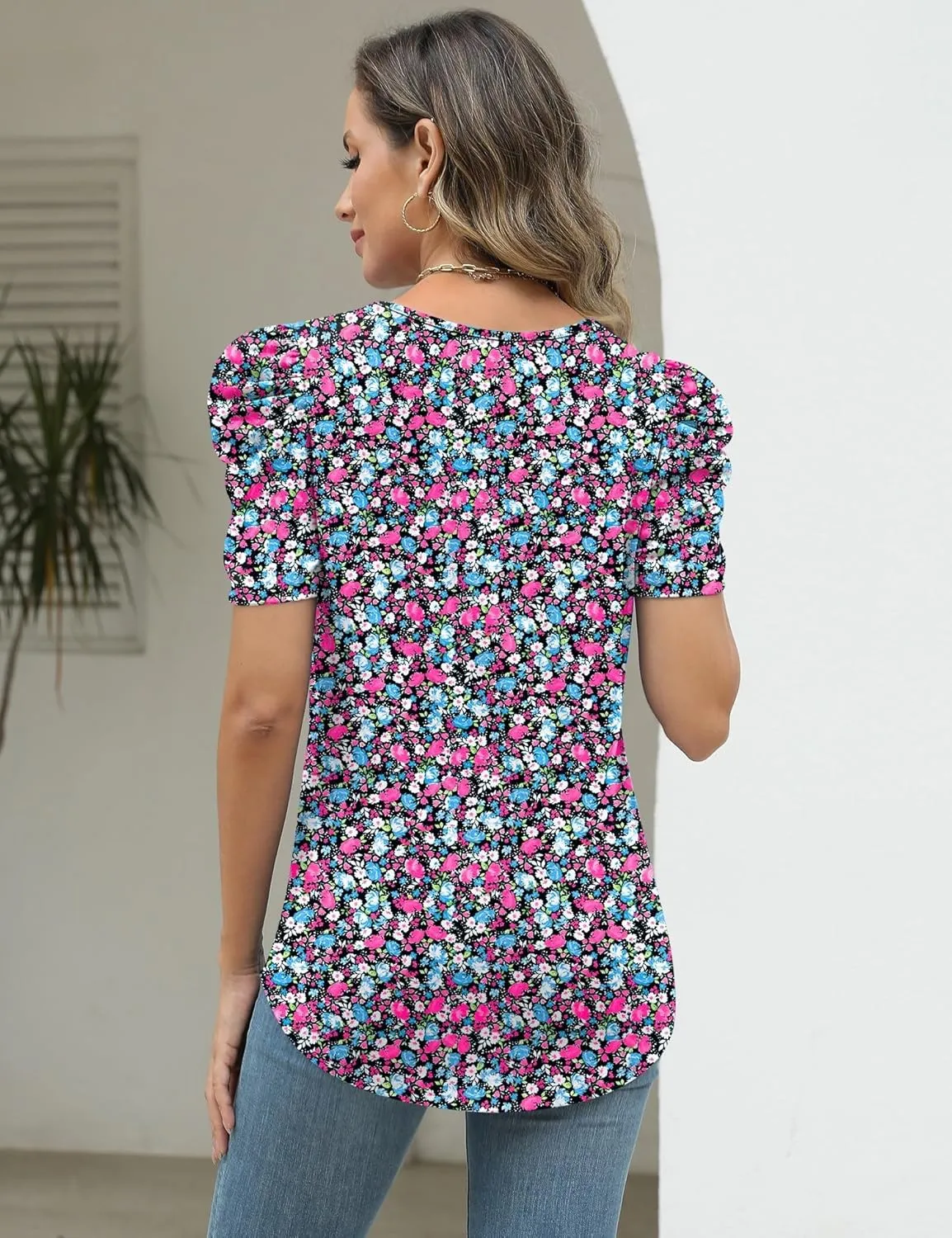 LOMON Womens Puff Short Sleeve Shirt Summer Tops V Neck Casual T Shirts Loose Fit Blouses