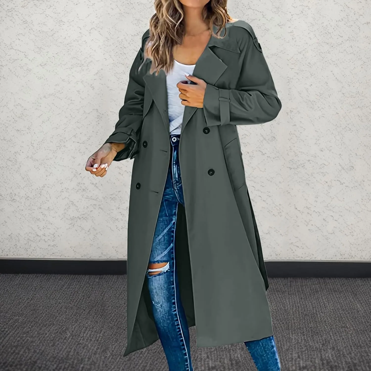 Long Trench Coat for Women Double Breasted Long Trench Coats Windproof Classic Lapel Cardigan Overcoat with Belt