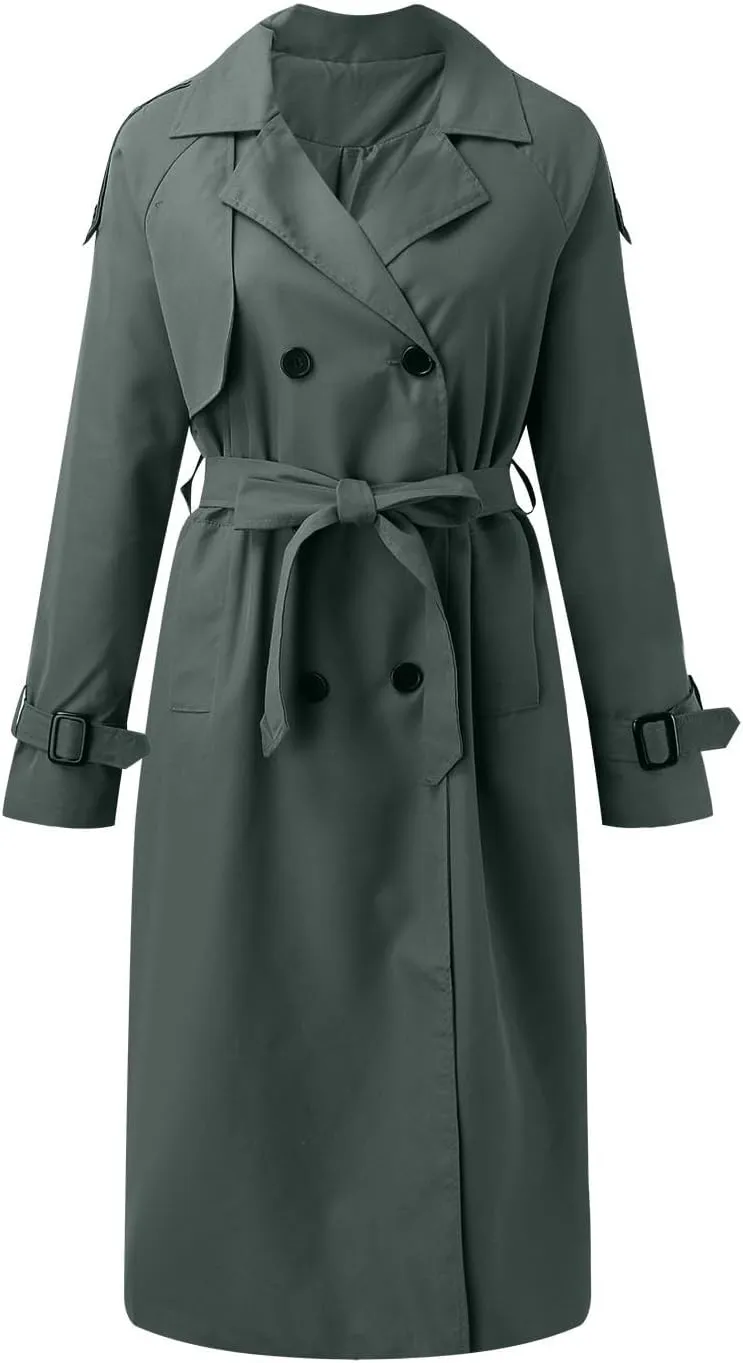 Long Trench Coat for Women Double Breasted Long Trench Coats Windproof Classic Lapel Cardigan Overcoat with Belt