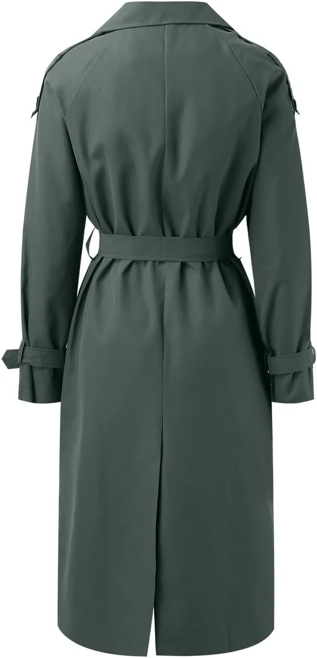 Long Trench Coat for Women Double Breasted Long Trench Coats Windproof Classic Lapel Cardigan Overcoat with Belt