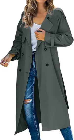 Long Trench Coat for Women Double Breasted Long Trench Coats Windproof Classic Lapel Cardigan Overcoat with Belt