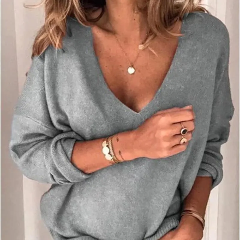 Loose V-neck Long Sleeves T-shirt