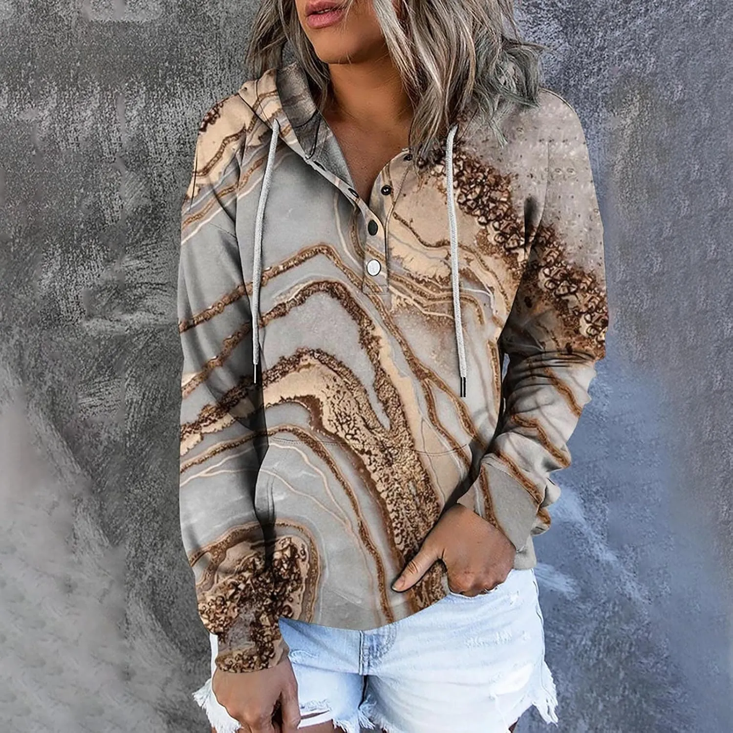LRMQS Womens Fall Fashion 2024 Button Drawstring Long Sleeve Hoodies Pullover Color Block Casual Trendy Loose Fit Clothes