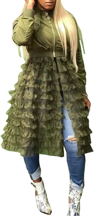 LROSEY Jacket Ruffle for Women Plus Size Bomber Mesh Long Coat Dress