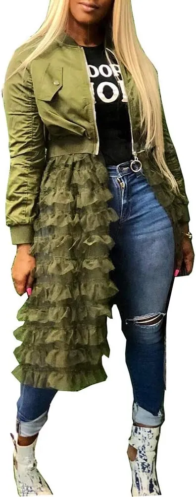 LROSEY Jacket Ruffle for Women Plus Size Bomber Mesh Long Coat Dress