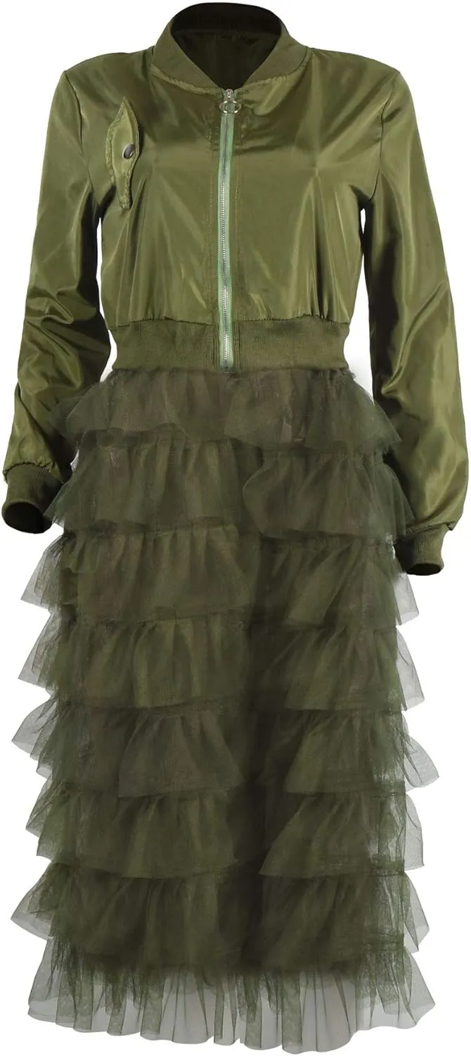 LROSEY Jacket Ruffle for Women Plus Size Bomber Mesh Long Coat Dress
