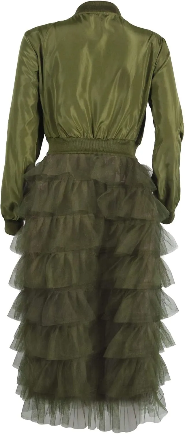LROSEY Jacket Ruffle for Women Plus Size Bomber Mesh Long Coat Dress